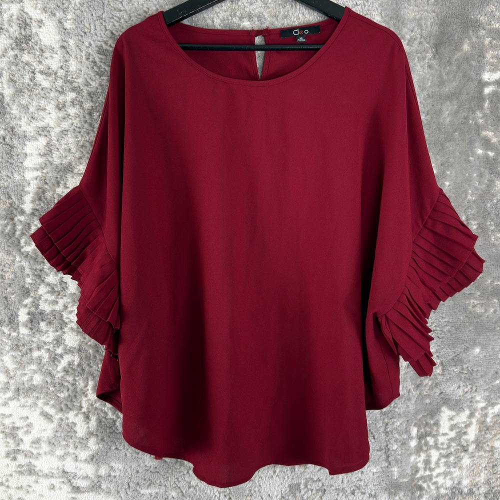 Cleo Plus Size 3X Pleated Ruffle Bell Sleeve Keyhole Blouse Burgundy Short Women